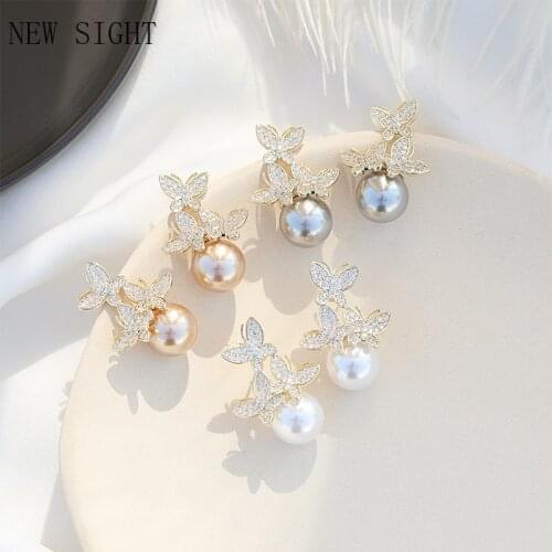 Shiny Side New Accessories Crystal Butterfly Stud Earrings for Women Simple Style Gift Elegant Pearl Beads Earrings