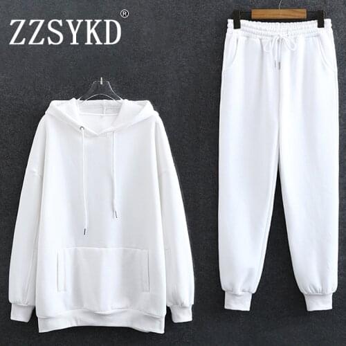 Sweatshirt And Trousers Two Piece Sets Women White Oversized Warm Pockets Hoodies High Waist Small Leg Sports Long Pant Suits