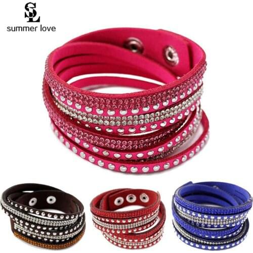 Fashion multilayer wrap bracelets colorful crystal rhinestone PU leather bracelet bangle for women snap button jewelry