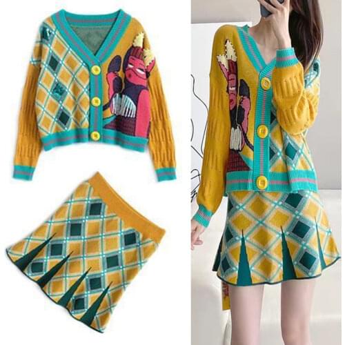 New Autumn Womens Knitted 2 Piece Set Chic Office Ladies Single Breasted Cartoon Print Cardigan Sweater+Pleated Mini Skirt Suit