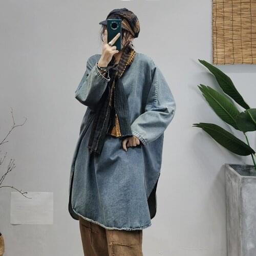 Large size Dress Women Autumn Winter Retro Casual Denim Dress 2021 Ladies New O-Neck Button Loose Vintage Denim Dress