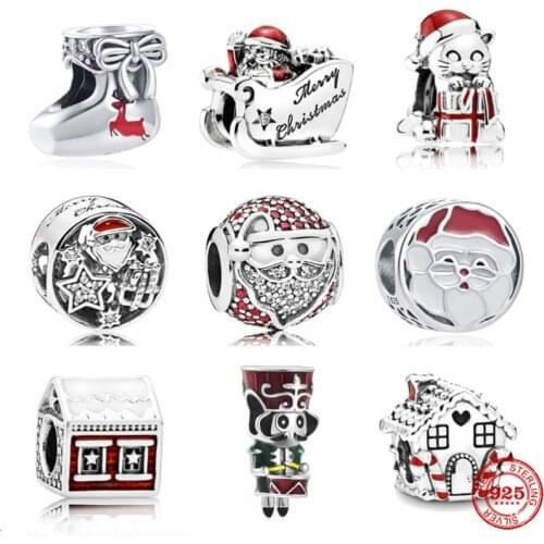 925 Silver New Christmas House Santa Sock Soldier Bead Fit Pandora Original Bracelet Charms Beads For Women DIY Jewelry