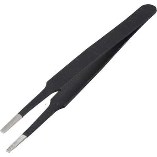 Anti-static Flat Square Tip Stainless Steel Straight Tweezers 4.7" Long Black