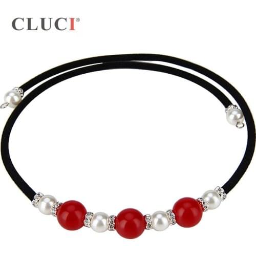 CLUCI 3pcs Red Agate Necklaces Black/Brown Rope Chain String Shell Pearls Zirconia Collar Choker Adjustable Necklaces BN011SB
