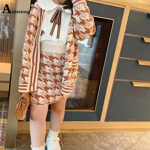 Children Sweet Print Two Pieces Set Girls Single Breasted Tops and Skirt Teen Streetwear Kids Clothing 2021 Knitting 2PS Outfits