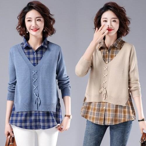 Female Plaid Patchwork Fake Two-piece Knitted Sweater 2021 Spring Autumn turn down collar Bottoming Shirt Loose Women Casual Top
