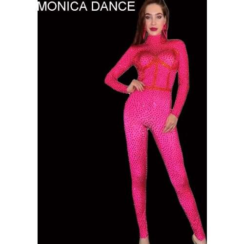 Sexy Stage Sparkly Rose Rhinestone Spandex Jumpsuit Birthday Celebrate Sexy Wedding Costume Women Dancer Show Party Wear