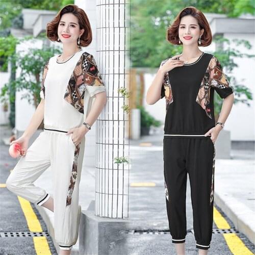 Summer short Sleeved Suit Middle Aged Women Plus Size Tracksuit Elegant Mother Loose Causal Two Pieces Suits 5xl