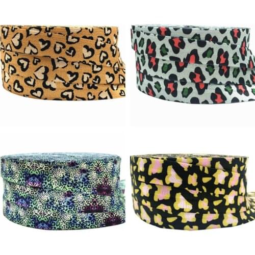 Leopard love Heart Print Fold Over Elastic FOE Ribbon Headwear Party Gift Packaging Sewing Home Decoration Accessories 10Y 5/8