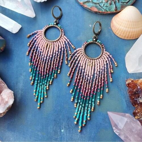 Vedawas INS Fashion Beaded Feather Earrings for Women Lovers Gift Ethinic Acrylic Colorful Tassel Dangle Earrings Dress Jewelry
