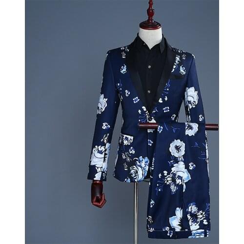 Mens Floral Slim Fit Blazers Wedding Party Coats Pants Suits 2pcs Blue Sets S5