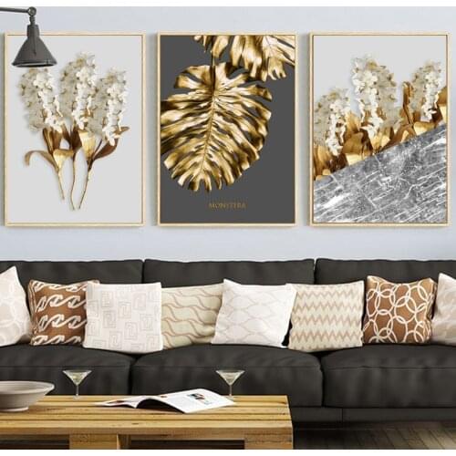 Nordic Golden Abstract Leaf Flower Wall Art Canvas Painting Black White Posters and Prints Wall Pictures for Living Room Decor