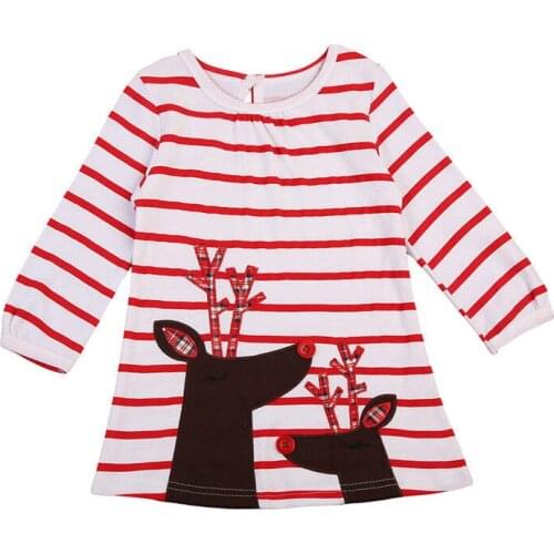 Baby Girls Clothing Deer Print Red Striped Dresses Cute Bebe Girls Casual Kids Clothes