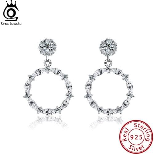 ORSA JEWELS Authentic 925 Silver Clear AAAA CZ Romantic Drop Earring Circle Round Earrings Newest Fine Gift Party Jewelry SE290