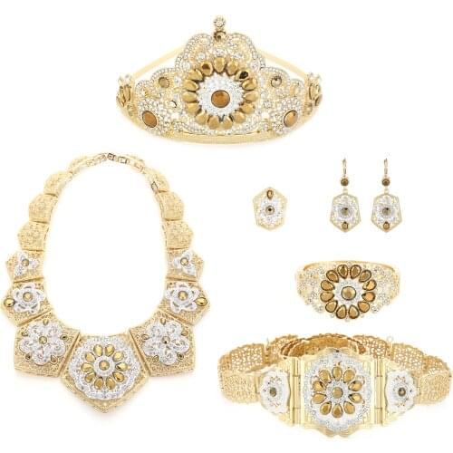 Luxury Wedding Jewelry Set for Arab Muslim Women Set Of Six Pieces Of Jewelry Set With Colorful Crystal Golden Necklace