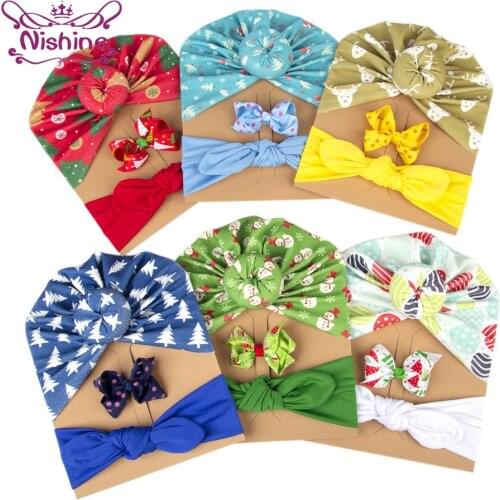 Christmas Toddler Printted Hat Hairpins and Hairband Set Fashion Cartoon Pattern Donut Baby Cap Cute Bunny Ears Elastic Headband