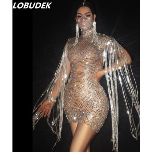 Silver Rhinestones Fringed Epaulet Package Hips Dress Fashion Women Birthday Celebrate Crystal Short Dress Singer Dancer Costume