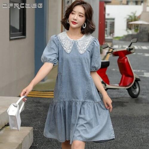 Loose Lace Patchwork Womens Denim Long Dresses Summer 2021 Casual Vintage Cowboy Jeans Dress Vintage Vestidos Femme