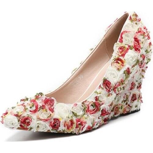Women Pumps Heeled Lace Slip On 8CM Wedges High Heels Pointed Toe Dress Office & Career Party Wedding Shallow Flower Women Shoes