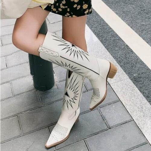 Girls White Black Leather Embroidery 55 mm Chunky Heels Knee High Knight Boots Woman Square Toe Slip On Patchwork Long Botas