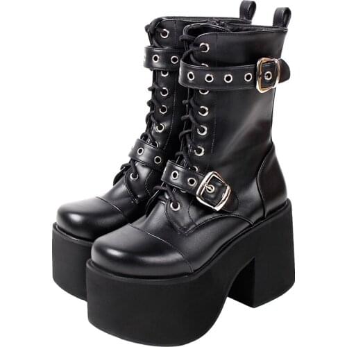 Angelic imprint Women Gothic motorcycle punk boots lady short Boots woman high trifle heels pumps shoes 33-47 10cm 305 black PU