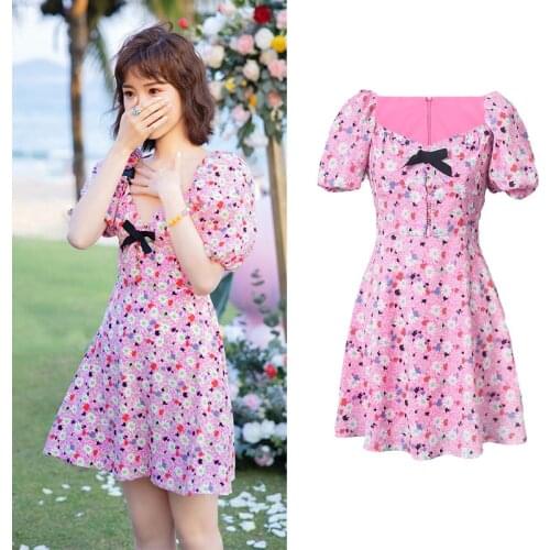 Korean Fashion Summer Clothes for Women 2021 Ladies Elegant Bow Puff Sleeve Pink Floral Printed Mini Dress Vestidos