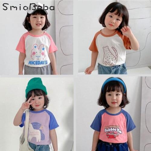 2021 Summer Baby Girls Color Contrast Cotton Top Childrens Cartoon Printed Short Sleeve Tee Shirt Korean Simple Blouses Clothes