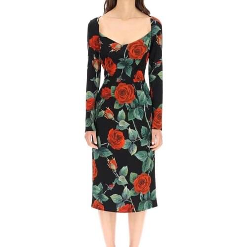 2021 Autumn Vintage Dress Women Fashion Design Black Rose Flowers Printed High Quality Slim Party Dresses