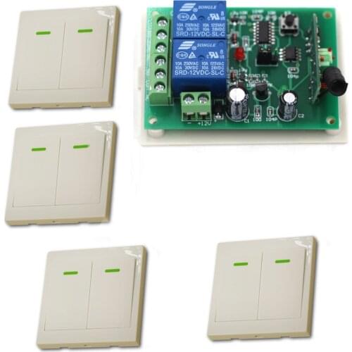 New DC12V 24V 2CH Wireless Remote Control Switch System Receiver+4*Wall Panel Remote Transmitter Sticky Remote Smart Home Switch