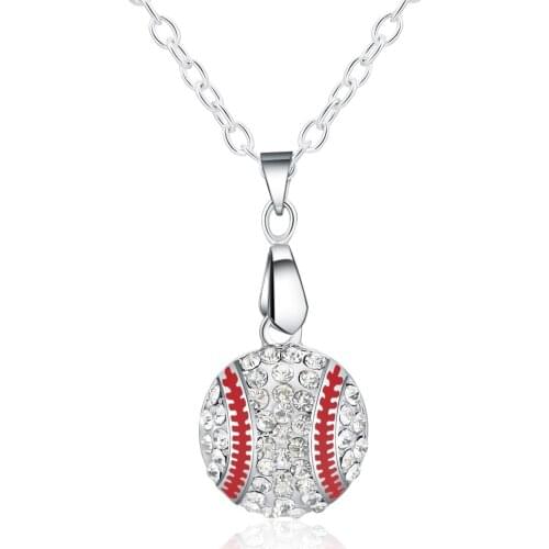 Full Rhinestone Silver Color Baseball Pendant Necklace Women Trendy Link Chain Round Pendant Necklace Fashion Jewelry Women 2019