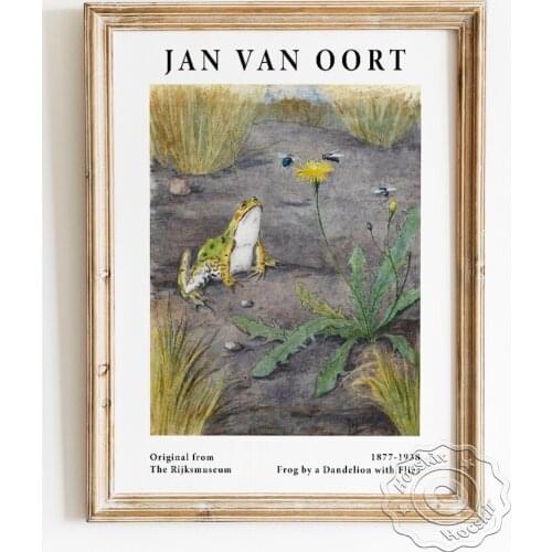 Jan Van Oort Exhibition Museum Poster, Frog By A Dandelion With Flies Canvas Painting, Animal Flowers Vintage Art Home Decor