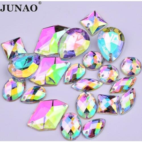 JUNAO Mix Size Shape Sew On Crystal AB Rhinestone Applique Sewing Acrylic Gems Flatback Stone and Crystal for Needlework Clothes