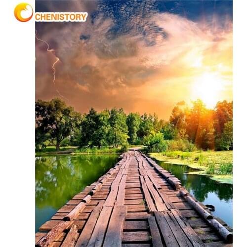 CHENISTORY Bridge Along River Landscape Oil Painting By Numbers Kits For Adults Handpainted Diy Wall Artcraft Acrylic Pigment Ca