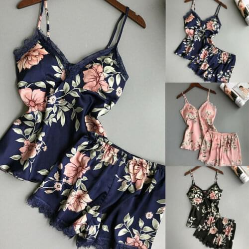 2pcs Women Sexy Satin Lace Sleepwear Babydoll Lingerie Nightdress Pajamas Set