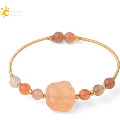 CSJA Red Agates Cuff Bracelets Carved Natural Stone Rose Gold Color Wire Wrapped Small Bangles for Women Girl Charm Jewelry G561