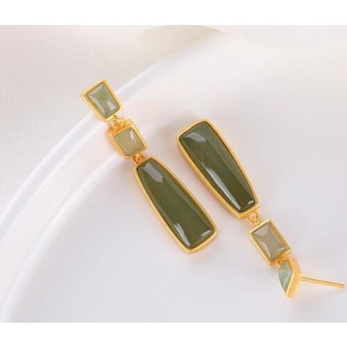 Natural Hetian Jasper long geometric Earrings Chinese retro palace style unique gold craft charm womens brand jewelry