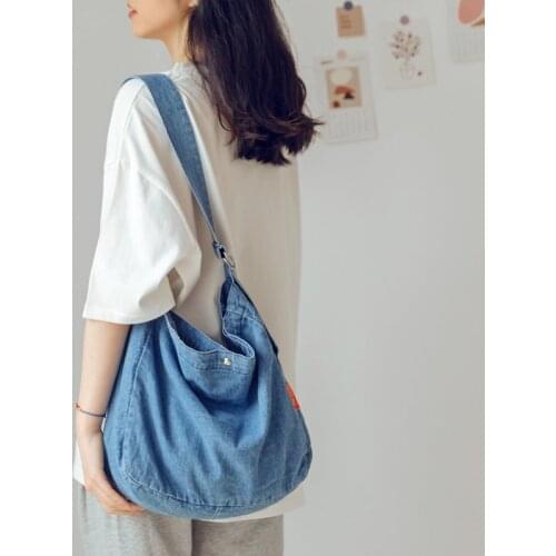 2021 New Large Capacity Women Shoulder Bags Casual Handbag Street Canvas Denim Shoulder Bag Solid Color Zipper Shopping Bag