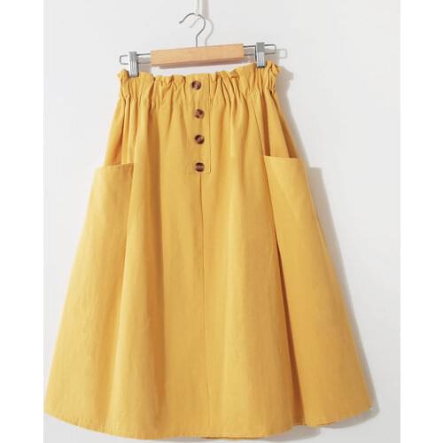 Obrix casual style female formal A-line skirt pleated pockets buttons high waist streetwear everyday skirt for work