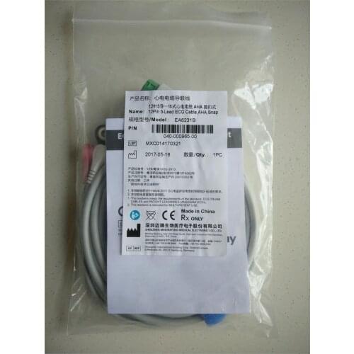FOR Mindray 040-000965-00 Original 12-pin 3-Lead Integrated ECG Cable AHA Snap-on EA6231B