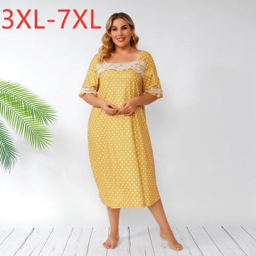 New 2021 Ladies Summer Plus Size Pajamas For Women Large Short Sleeve Large Loose Yellow Dot Home Wear Dress 3XL 4XL 5XL 6XL 7XL