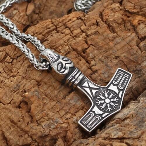 Stainless steel thor hammer Mjolnir Vegvisir wolf head pendant necklace