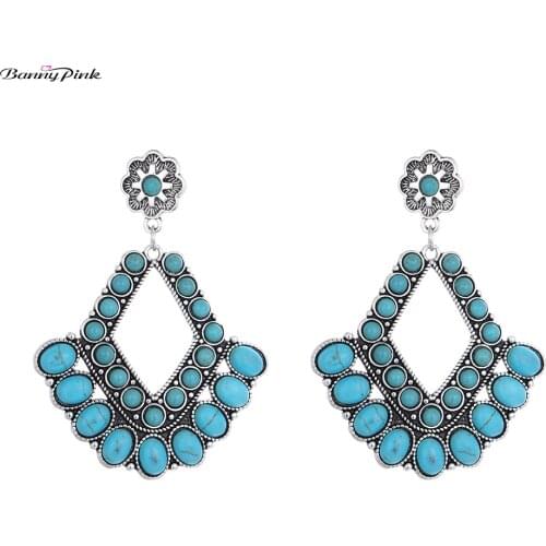 Banny Pink Vintage Full Geometric Stone Statement Earrings For Women Indian Chandelier Stud Earrings Big Hollow Pendant Earrings
