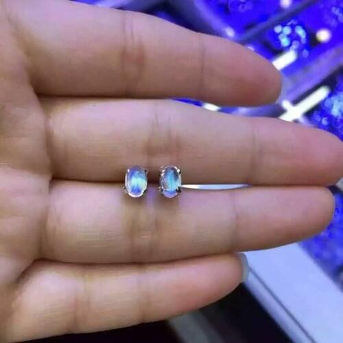Natural moonstone stud earrings 925 silver natural blue gemstone earrings women Classic elegant fashion round Earrings for party