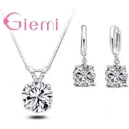 Fast Shipping 925 Sterling Silver Shiny Charm Round Crystal Stone Necklace Earrings For Girlfriend Gift Ceremony Jewelry