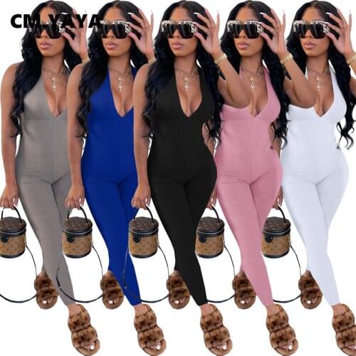 CM.YAYA Womens Ribbed Halter Neck Open Back Jumpsuit Romper Sleeveless Summer Knitted Playsuit Streetwear Basic Overall Outfits