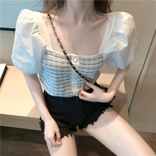 Summer Top Ice Silk Womens Self-cultivation Square Neck Knit Short-sleeved Splicing Temperament Hong Kong-style Splicing Top