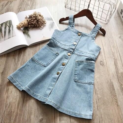 2019 Spring And Summer Girls Fashion Strap Single-Breasted Dress Denim Dress Up Costume For Kids ChildrenS Clothing