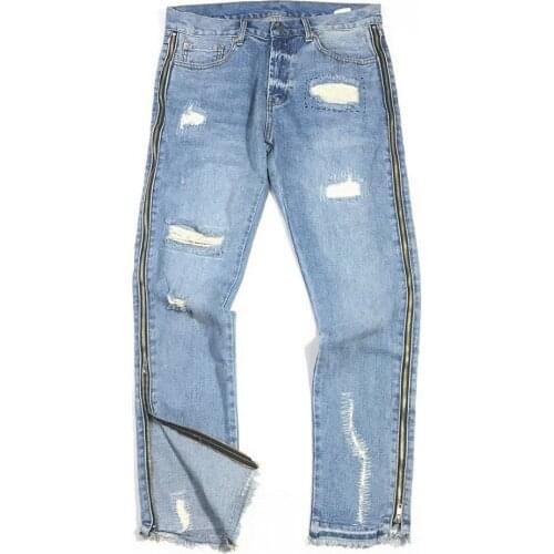 High Quality Kanye Side Zipper Slim Jeans Washed Blue Distressed Biker Pants Streetwear