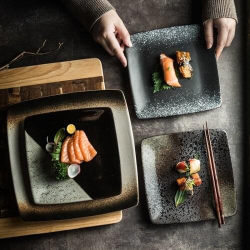 Japanese square ceramic plate commercial steak pasta plate household baking oven cake plate 8/10 inch retro decorative tableware