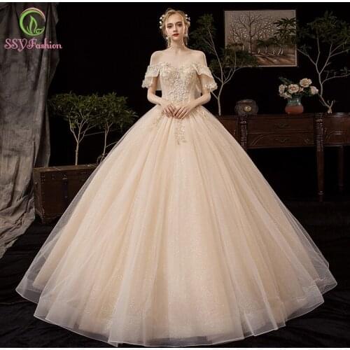 SSYFashion New Luxury Champagne Wedding Dress Romantic Princess Boat Neck Sequins Beading A-line Wedding Gown Vestido De Novia